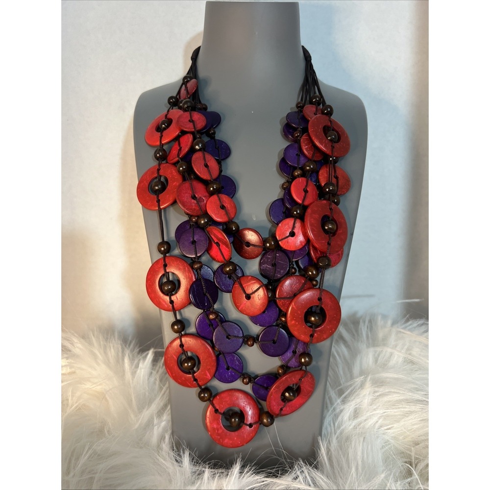 Double Red & Purple Distressed Wood Statement Necklace Boho Multi-Strand Chic